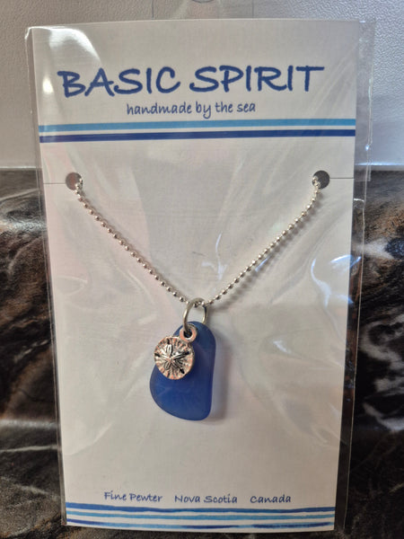 Sanddollar w/blue seaglass Necklace (JNC504b)