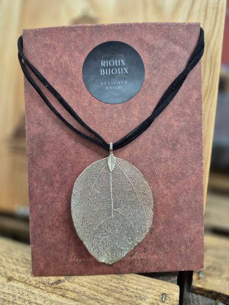Necklace -Gold Leaf on Black Rope