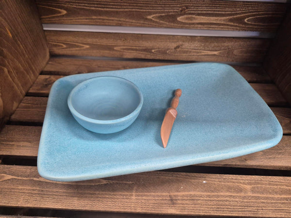 Robin's Egg Blue Footed Tray w/bowl & knife
