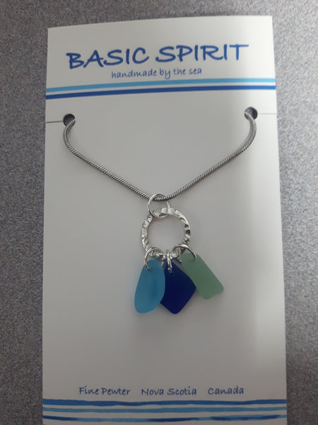 Pewter Necklace (Circle Drop w/Blue Sea Glass jnc-527b)