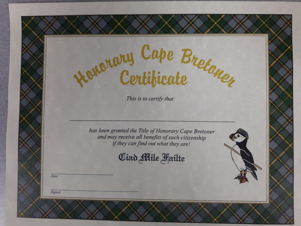 Honorary Cape Bretoner Certificate